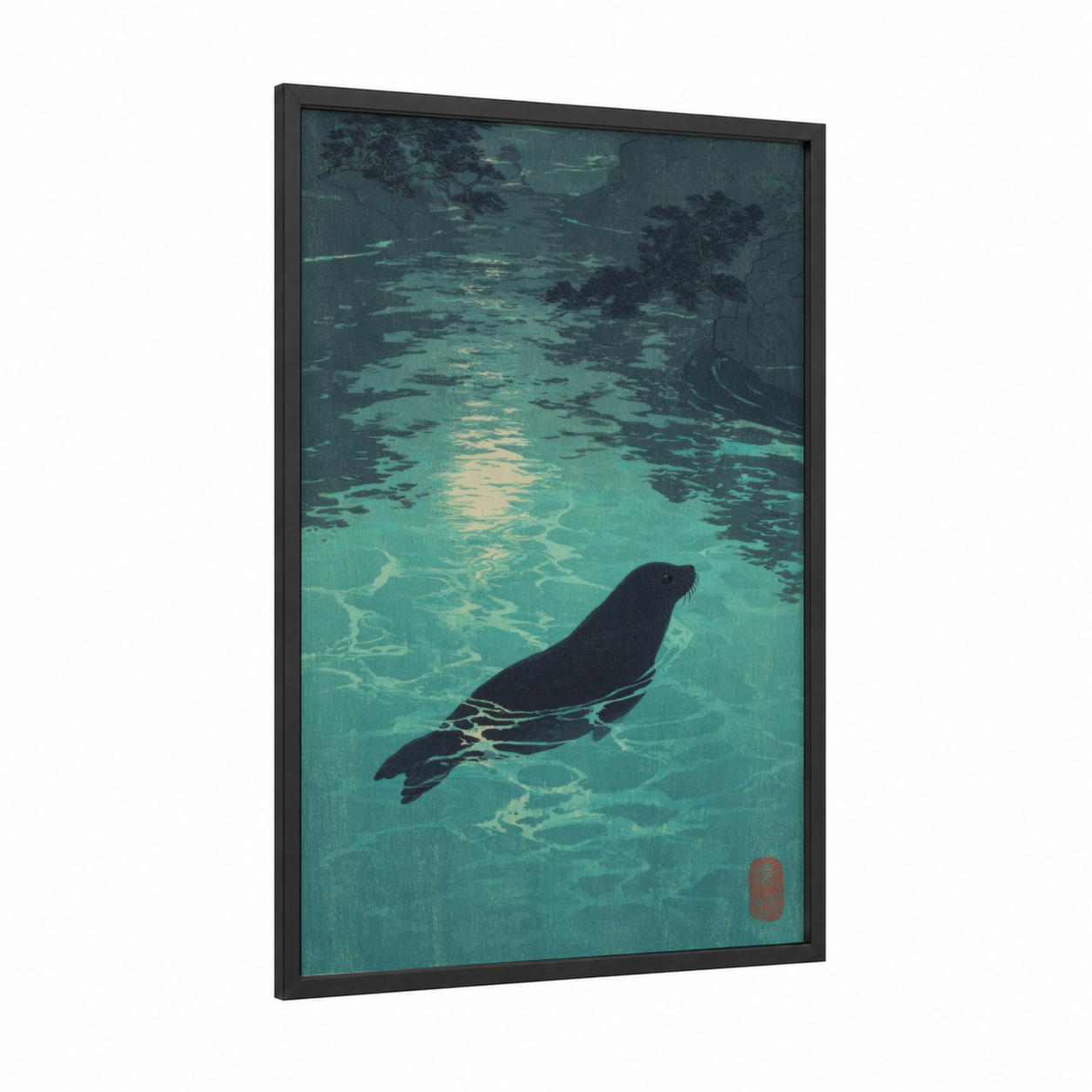 Turquoise Sea Lion framed art print — black wood frame — teal and black palette