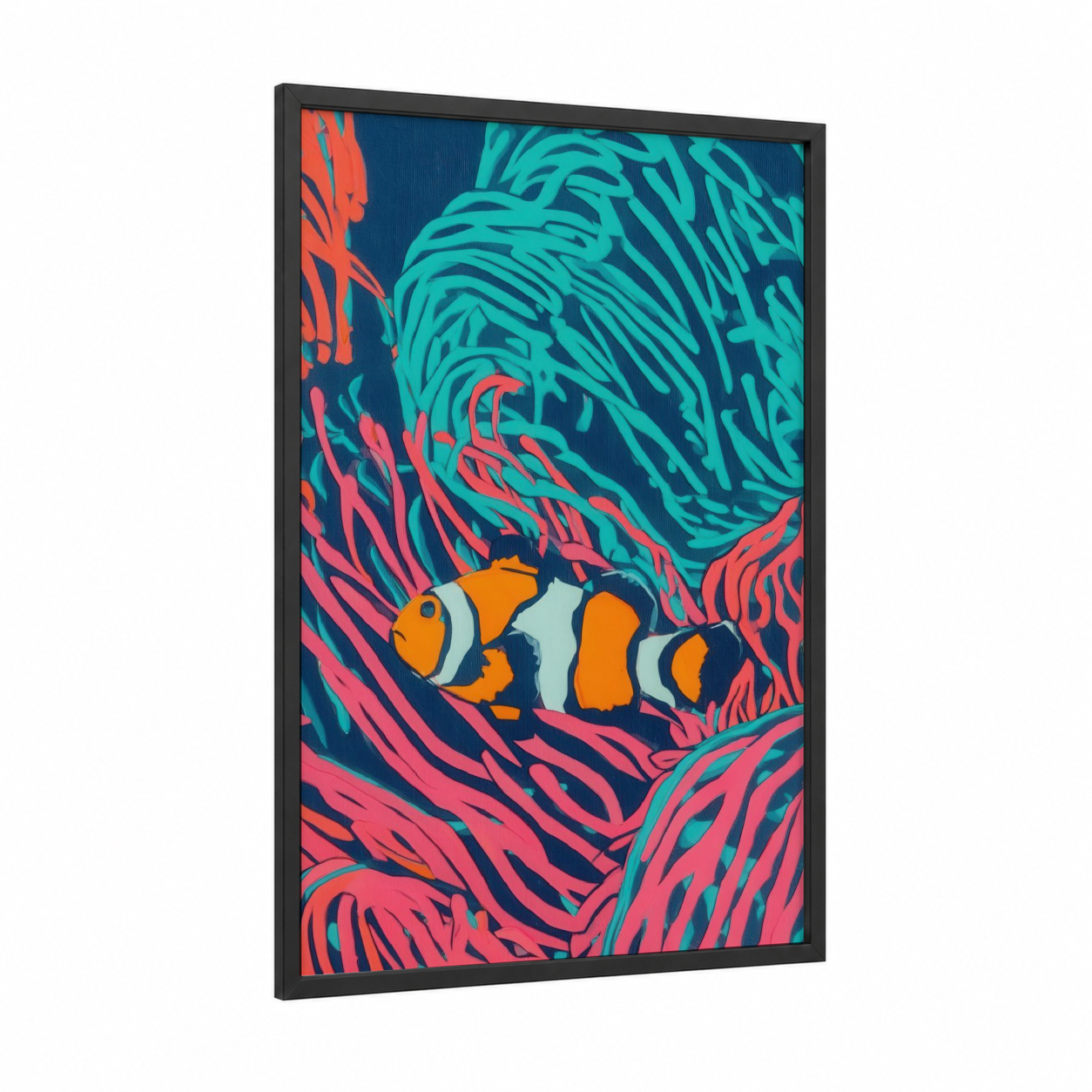 Neon Clownfish framed clown fish print — black wood frame — orange and teal palette