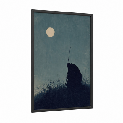 Moonlit Warrior framed kung fu print — black wood frame — dove gray and cream palette
