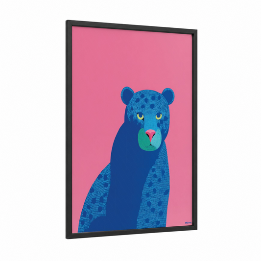 Blue Panther framed art print — black wood frame — magenta and royal blue palette