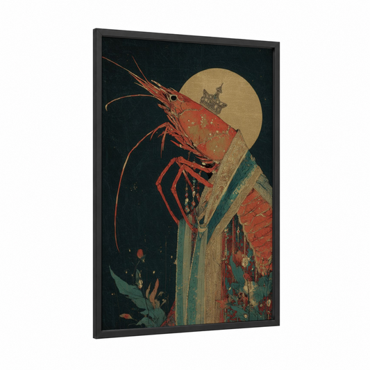 Crimson Shrimp Moon framed art print — black wood frame — red and dark green palette