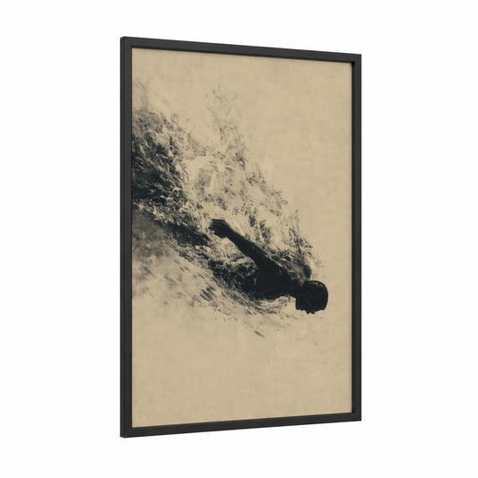 Vintage Swimmer framed swimming print — black wood frame — black and white and cream palette