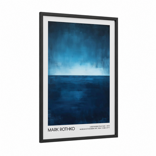 Oceanic Horizon framed abstract classic print — black wood frame — dark blue and blue and white palette