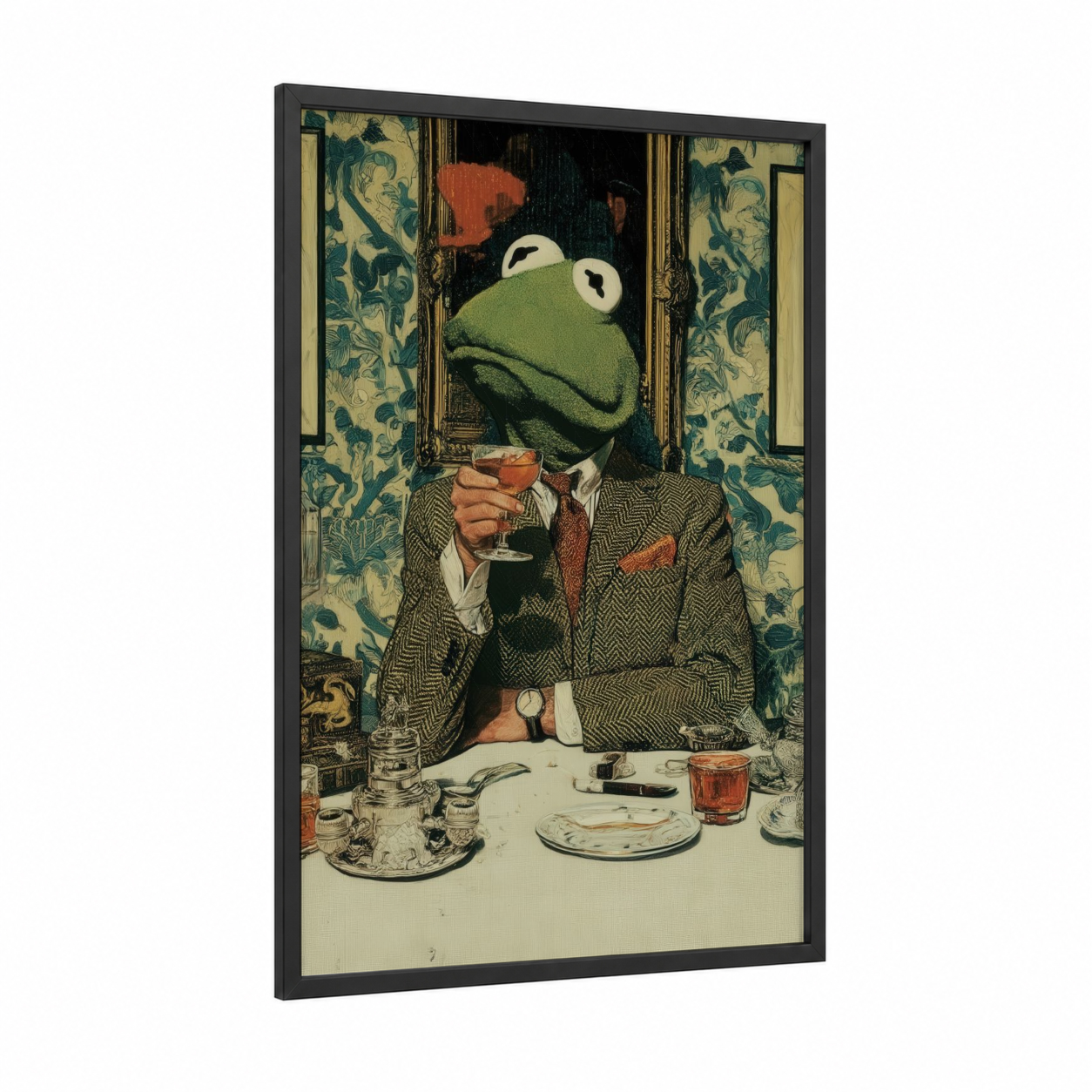 Sophisticated Pig framed art print — black wood frame — gold and teal palette