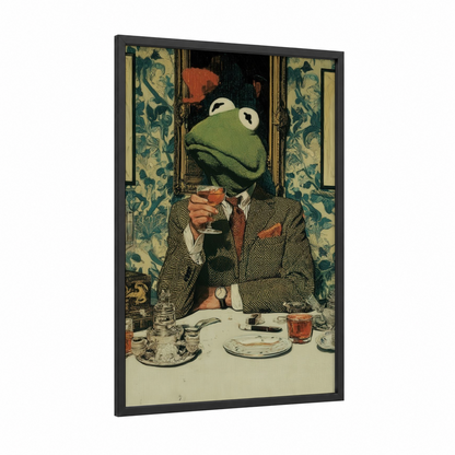 Sophisticated Pig framed art print — black wood frame — gold and teal palette