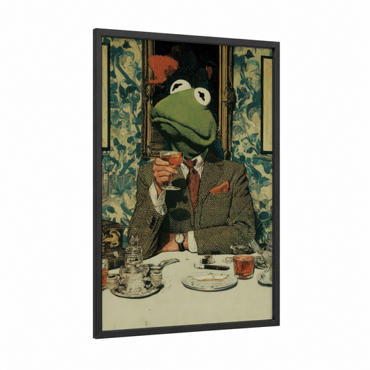 Sophisticated Pig framed art print — black wood frame — gold and teal palette