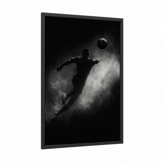 Dramatic Soccer Leap framed art print — black wood frame — black and white palette