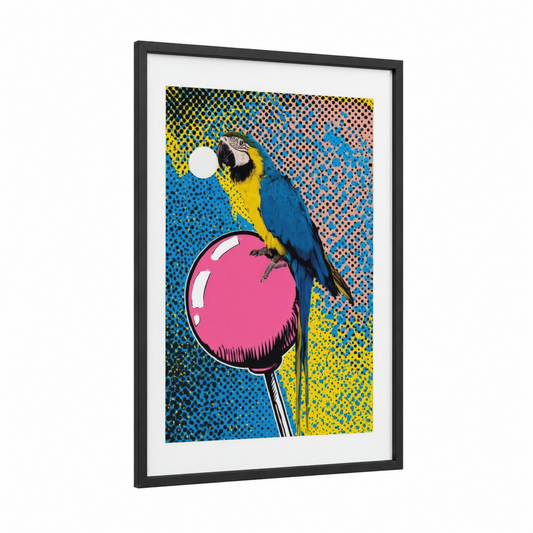 Pop Art Macaw framed art print — black wood frame — yellow and blue palette