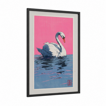 Pink Swan framed art print — black wood frame — pink and blue palette