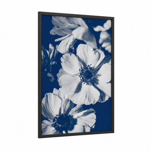 Indigo Anemones framed abstract flower print — black wood frame — white and blue palette