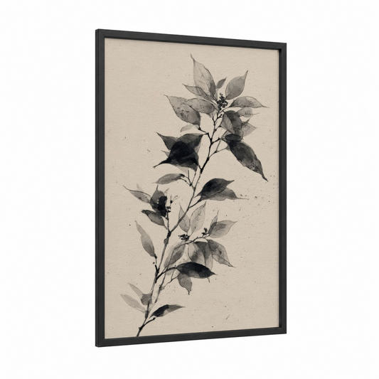 Botanical Poinsettia Study framed poinsettias print — black wood frame — gray and black and white palette