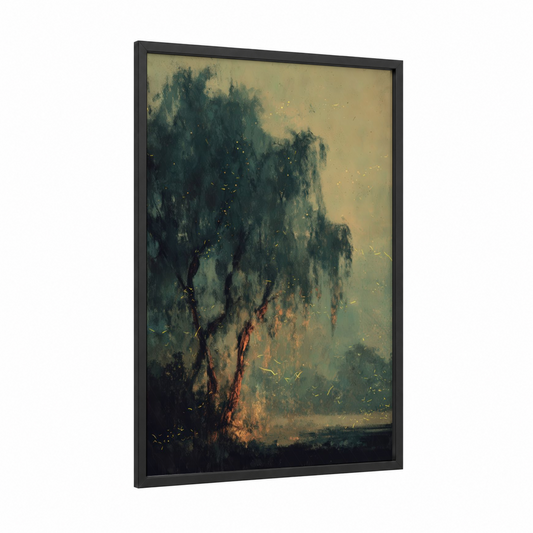 Mystical Willow framed willow tree print — black wood frame — olive and cream palette