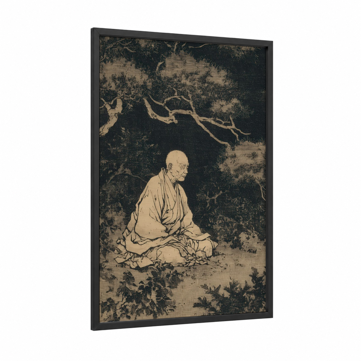 Meditative Sensei framed karate print — black wood frame — cream and black palette
