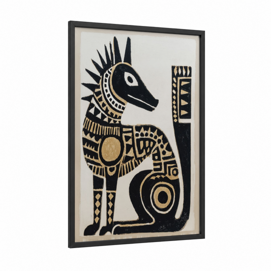 Geometric Llama framed abstract traditional print — black wood frame — black and gold and cream palette