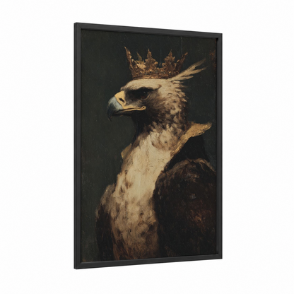 Crowned Griffin framed art print — black wood frame — gold and black palette