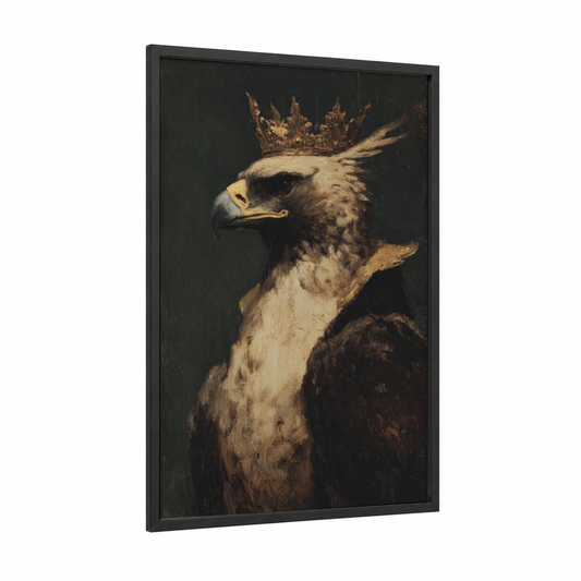 Crowned Griffin framed art print — black wood frame — gold and black palette