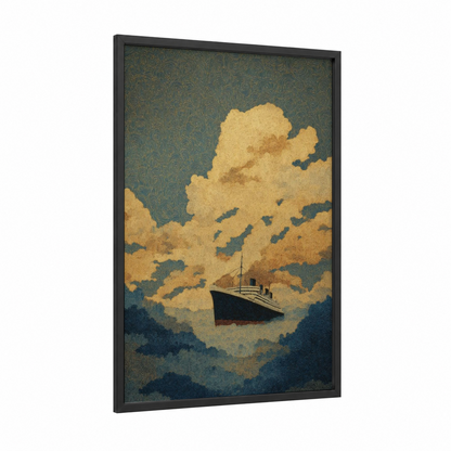Golden Hour Vessel framed cruise ship print — black wood frame — gold and teal palette