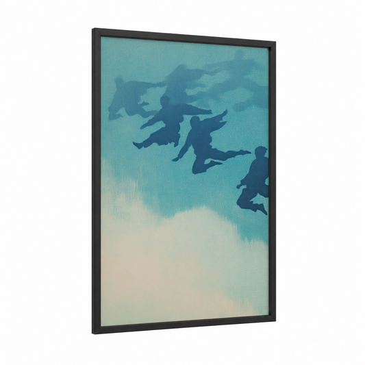 Skybound Athletes framed track and field print — black wood frame — turquoise and cream palette