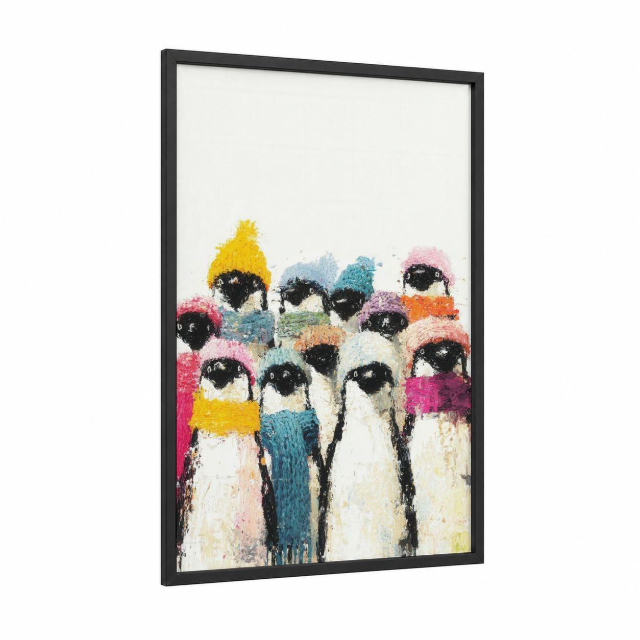 Colorful Penguin Gathering framed art print — black wood frame — yellow gold and pink palette