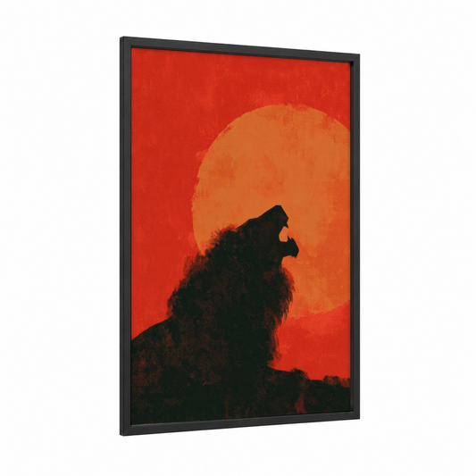Roaring Lion Silhouette framed christian symbols print — black wood frame — red and gold palette