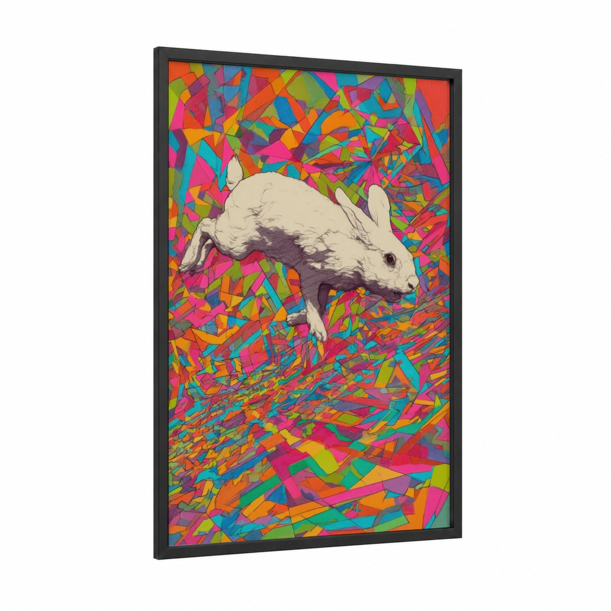 Colorful Rabbit Pop framed art print — black wood frame — magenta and orange palette