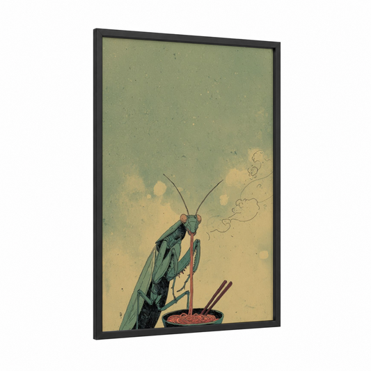 Curious Mantis framed prayin mantis print — black wood frame — sage green and cream palette
