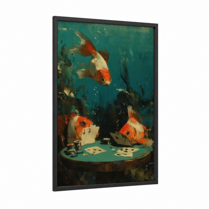 Poker Goldfish framed art print — black wood frame — teal and orange palette