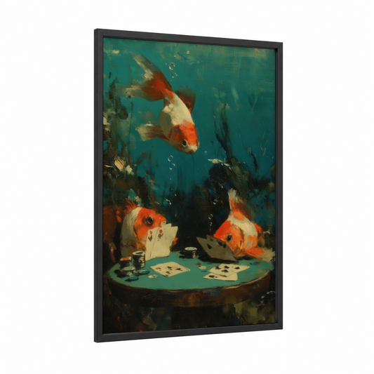 Poker Goldfish framed art print — black wood frame — teal and orange palette