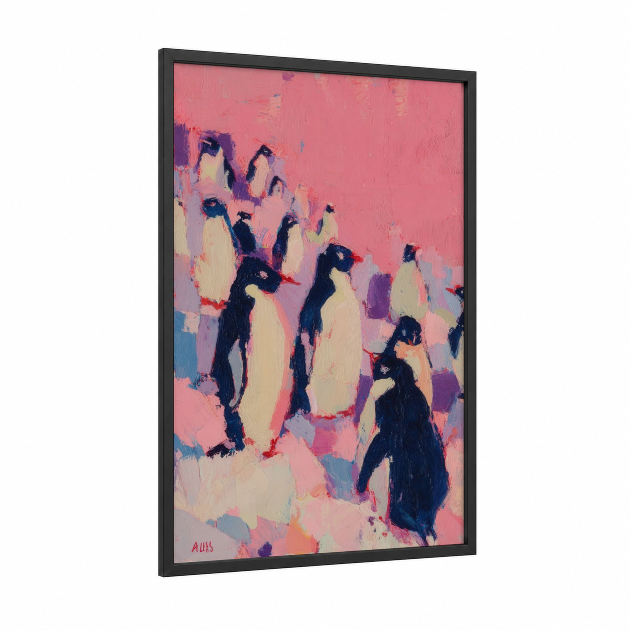 Pink Penguin Paradise framed art print — black wood frame — pink and black and white palette