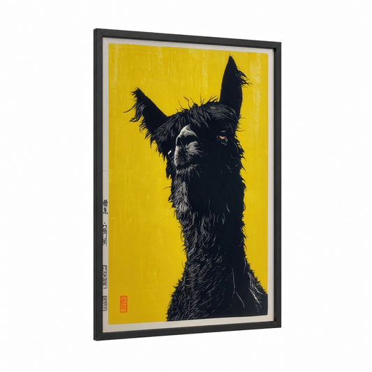 Mustard Alpaca framed art print — black wood frame — yellow gold and black palette