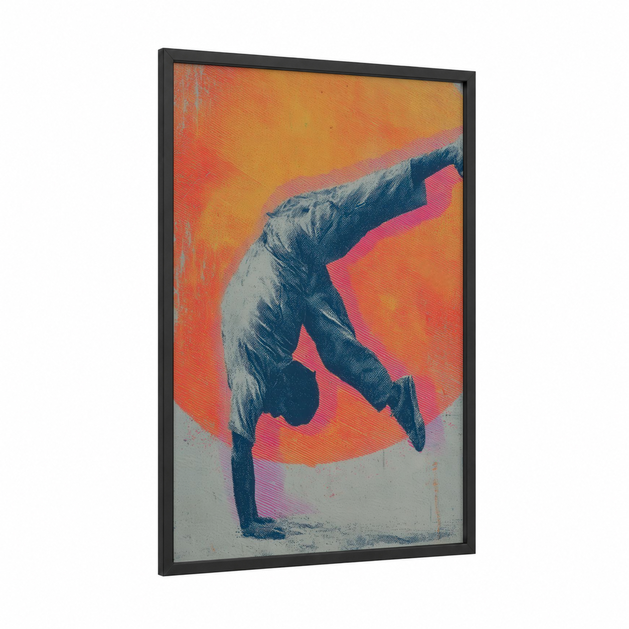 Inverted Capoeira framed art print — black wood frame — orange and magenta palette