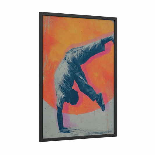 Inverted Capoeira framed art print — black wood frame — orange and magenta palette