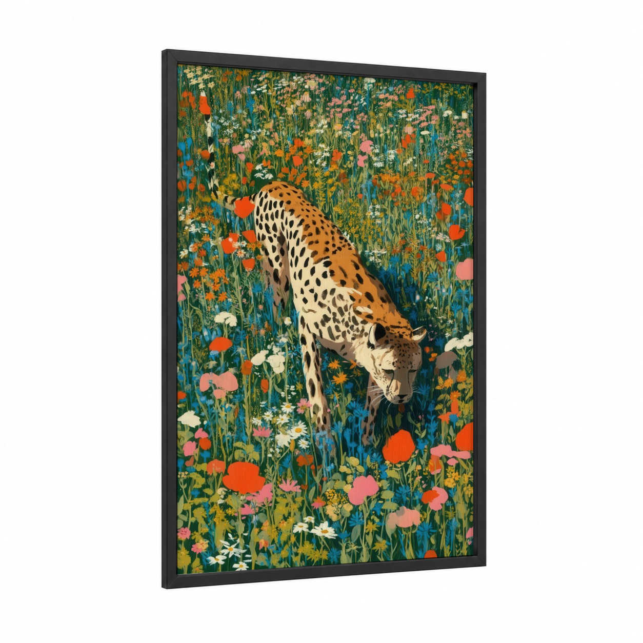 Meadow Leopard framed art print — black wood frame — teal and orange palette
