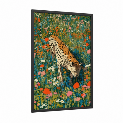 Meadow Leopard framed art print — black wood frame — teal and orange palette