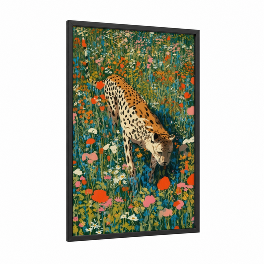 Meadow Leopard framed art print — black wood frame — teal and orange palette