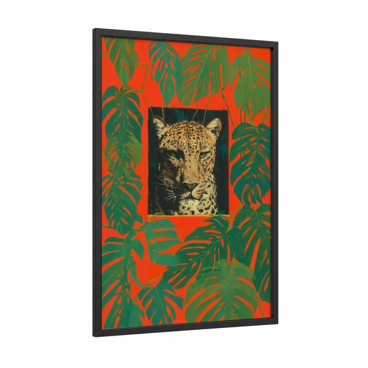 Jungle Leopard framed art print — black wood frame — orange and true green palette