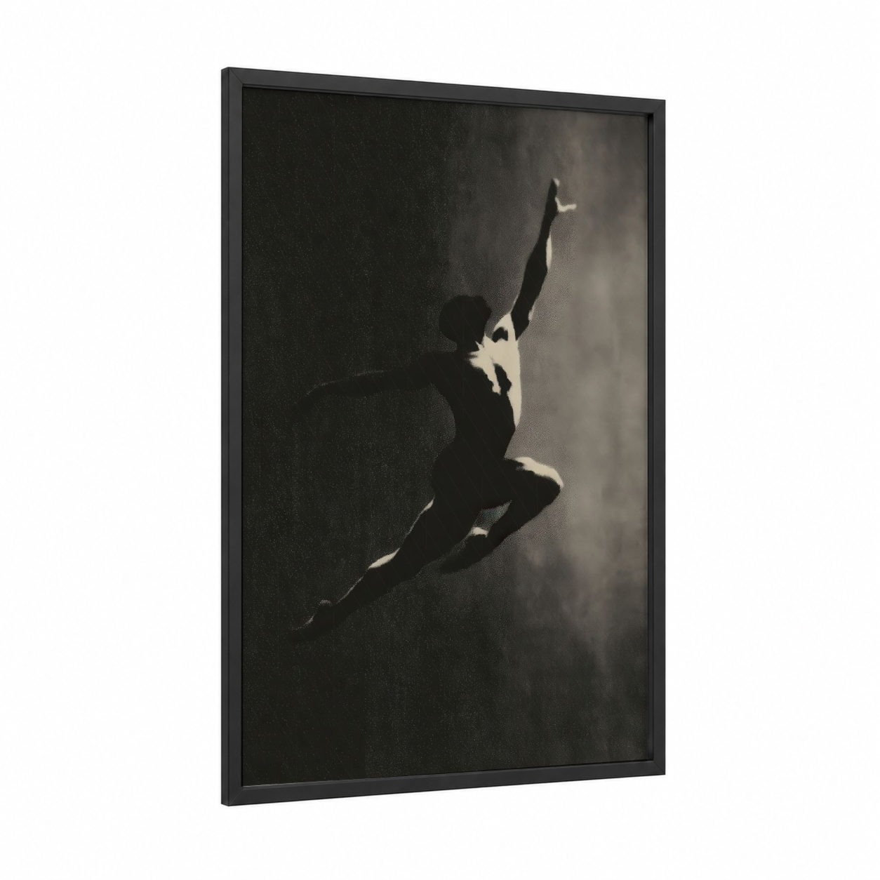 Ascending Dancer framed modern dance print — black wood frame — black and white and gray palette
