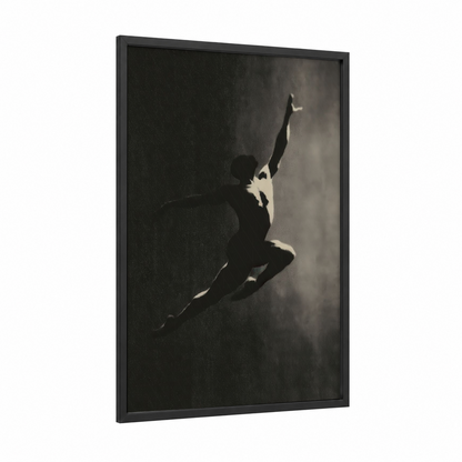 Ascending Dancer framed modern dance print — black wood frame — black and white and gray palette