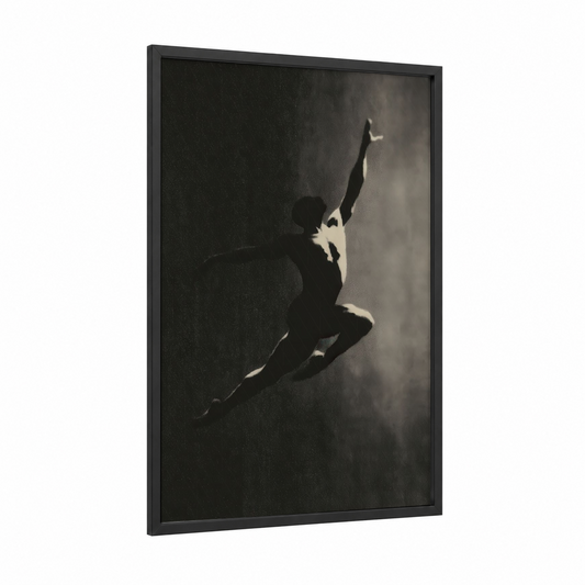 Ascending Dancer framed modern dance print — black wood frame — black and white and gray palette