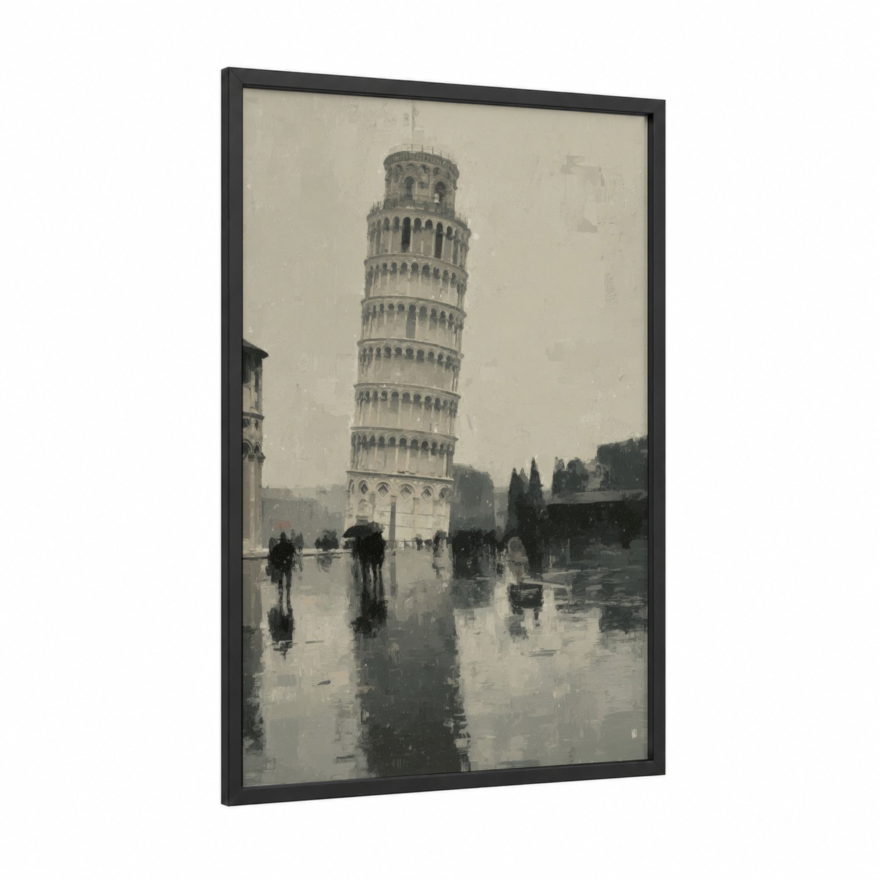 Rainy Pisa Tower framed leaning tower of pisa print — black wood frame — gray and white and dove gray palette