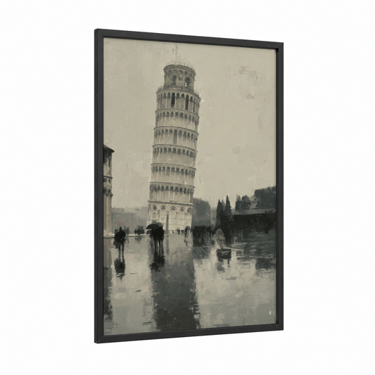 Rainy Pisa Tower framed leaning tower of pisa print — black wood frame — gray and white and dove gray palette