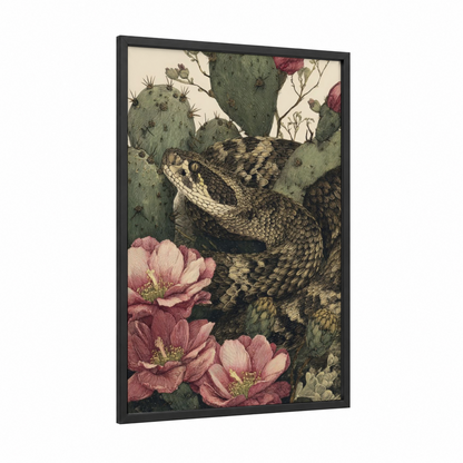 Desert Rattlesnake framed art print — black wood frame — sage green and rose gold palette