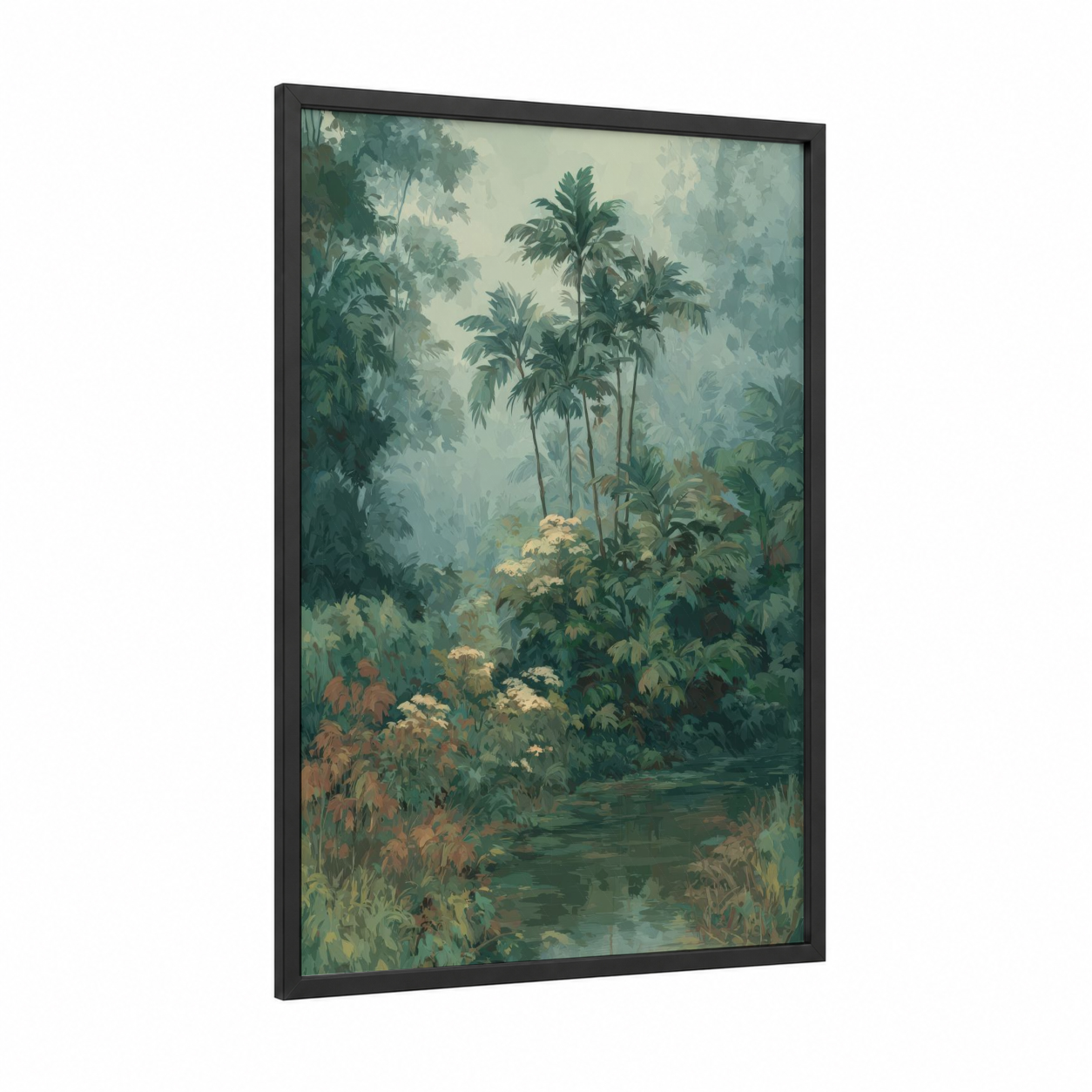 Misty Palm Forest framed art print — black wood frame — light green and dove gray palette