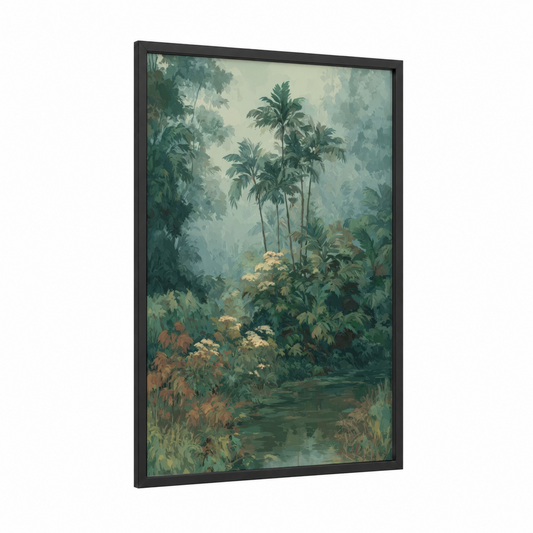 Misty Palm Forest framed art print — black wood frame — light green and dove gray palette