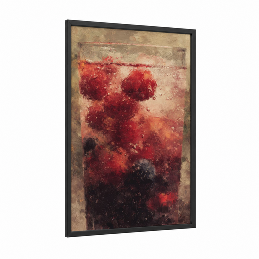 Crimson Tea Study framed iced tea print — black wood frame — red and gold palette