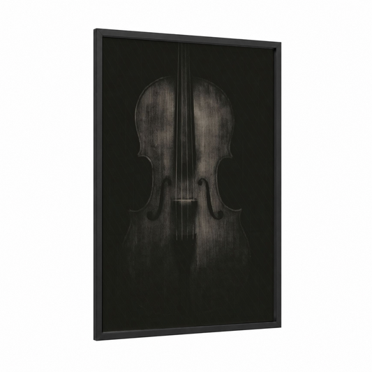 Dark Violin framed art print — black wood frame — black and white and dove gray palette