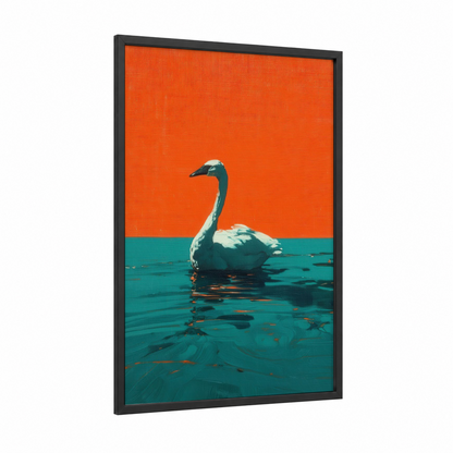 Crimson Swan framed art print — black wood frame — orange and teal palette