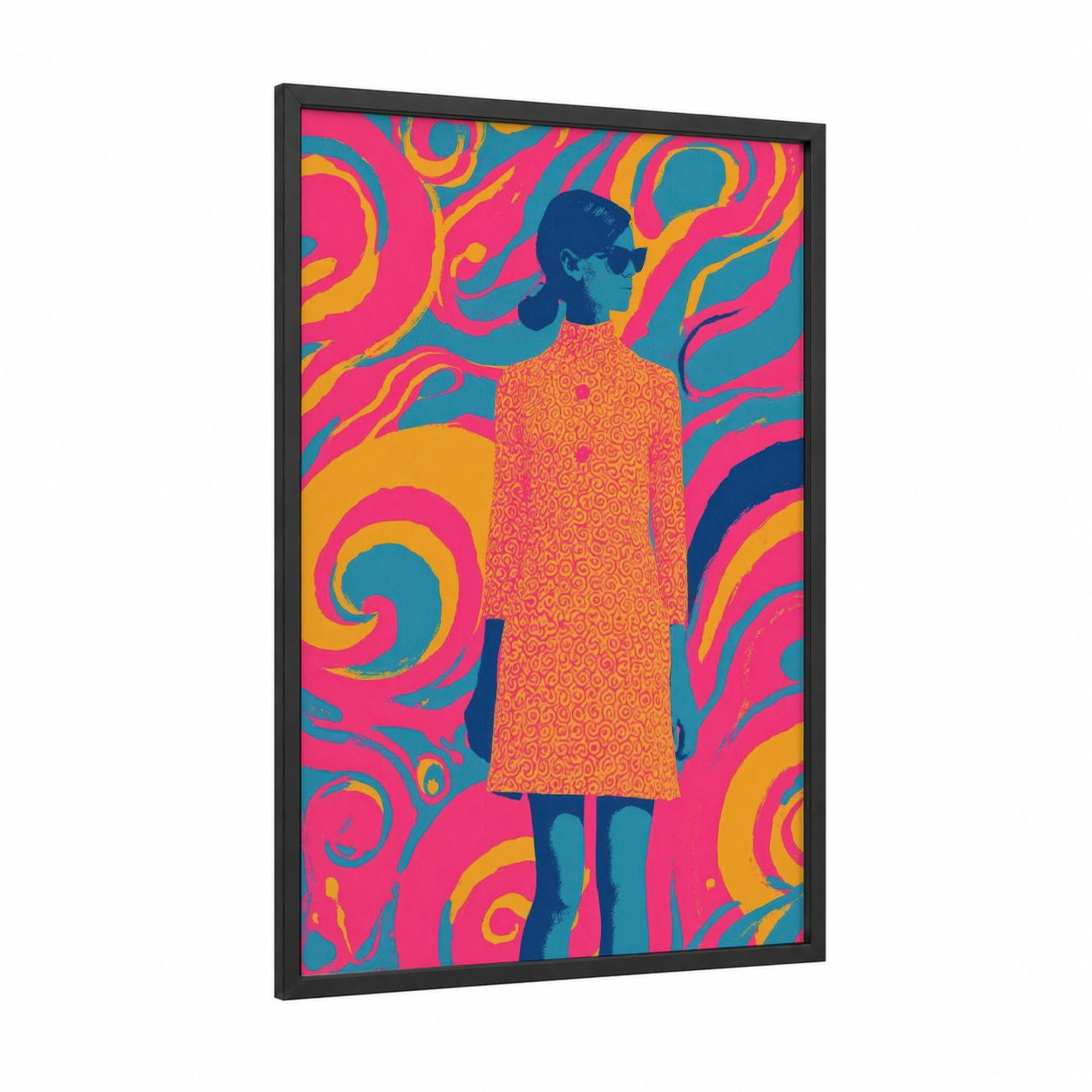 Groovy Retro Woman framed retro fashion print — black wood frame — magenta and yellow gold palette