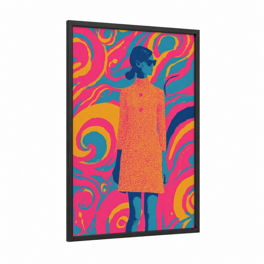 Groovy Retro Woman framed retro fashion print — black wood frame — magenta and yellow gold palette