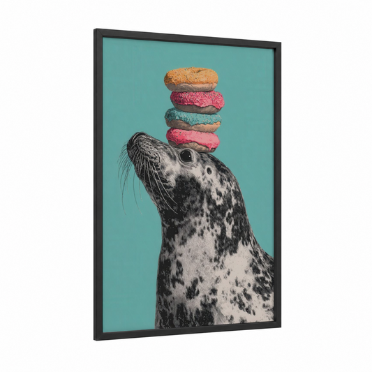 Playful Seal Macarons framed art print — black wood frame — turquoise and pink palette